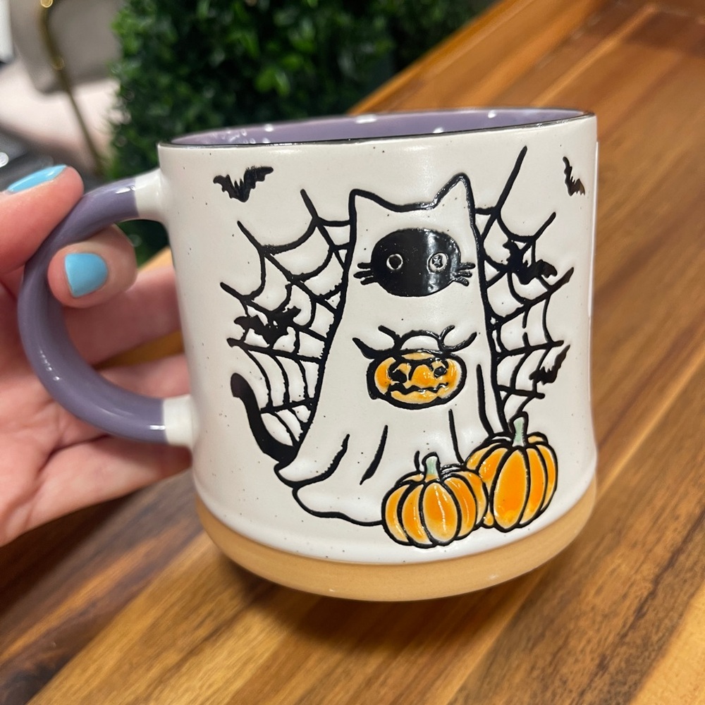 Halloween Black Cat Ghost Cat w/Web 👻🐈‍⬛ Purple Ceramic Coffee Mug NWT Eli & Ana